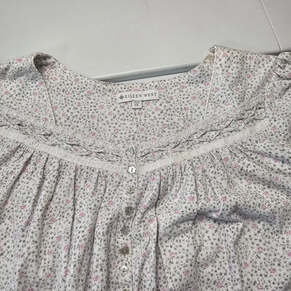 Eileen West Knit Nightgown 1X White Ditsy Floral Cottagecore Victorian LS Cotton